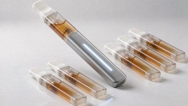 悦刻系列扁平杆身与半透明烟弹摆在浅色台面上的特写